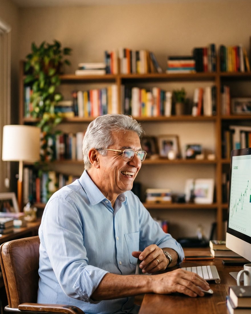Senhor sorrindo em frente ao computador com o gráfico de vendas na tela